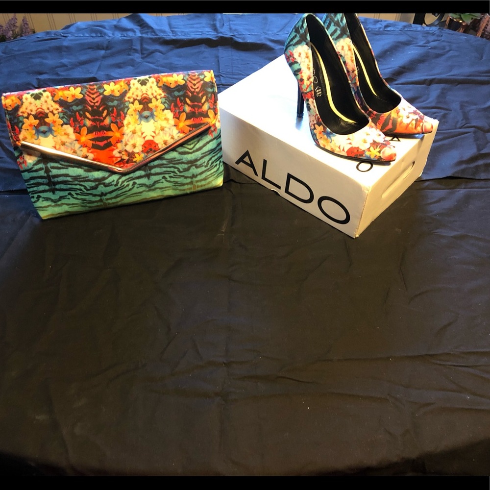 Multi-colored pumps and matching purse